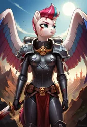 Size: 832x1216 | Tagged: safe, ai content, derpibooru import, machine learning generated, prompter:raptorcleave, zipp storm, anthro, pegasus, g5, adepta sororitas, armor, black armor, blood, image, jpeg, solo, sword, warhammer (game), warhammer 40k, weapon