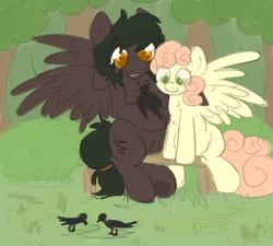 Size: 1000x900 | Tagged: safe, artist:puppie, derpibooru import, oc, oc:soft sonance, oc:stormchaser, unofficial characters only, bird, pegasus, pony, bush, couple, duo, duo male and female, female, grass, image, male, mare, png, stallion, tree