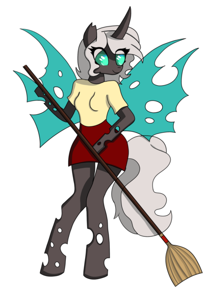 Size: 2000x3000 | Tagged: safe, artist:miszczthemaste, derpibooru import, oc, oc:kitu elder, unofficial characters only, anthro, changeling, changeling queen, equestria at war mod, broom, bust, clothes, coat, fangs, female, gray coat, horn, image, looking at camera, png, portrait, shirt, simple background, skirt, solo, solo female, teal eyes, transparent background, white mane, wings