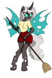 Size: 2000x3000 | Tagged: safe, artist:miszczthemaste, derpibooru import, oc, oc:kitu elder, unofficial characters only, anthro, changeling, changeling queen, equestria at war mod, broom, bust, clothes, coat, fangs, female, gray coat, horn, image, looking at camera, png, portrait, shirt, simple background, skirt, solo, solo female, teal eyes, transparent background, white mane, wings