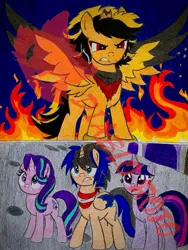 Size: 1075x1429 | Tagged: safe, artist:diablo rojo, derpibooru import, twilight sparkle, twilight sparkle (alicorn), oc, oc:r/n, oc:y/n, ponified, alicorn, pony, unicorn, fanfic:the hero of equestria, broken horn, clothes, crossover, fire, glare, horn, image, jpeg, reference to another series, scarf, shadow the hedgehog, sonic the hedgehog, sonic the hedgehog (film), sonic the hedgehog (series), spread wings, traditional art, wings