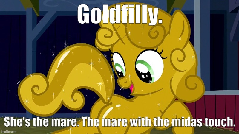 Size: 888x499 | Tagged: safe, derpibooru import, screencap, sweetie belle, g4, one bad apple, caption, goldfinger, image, image macro, imgflip, james bond, jpeg, luster dust, my little pony, song reference, sweetie gold, text