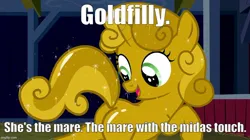 Size: 888x499 | Tagged: safe, derpibooru import, screencap, sweetie belle, g4, one bad apple, caption, goldfinger, image, image macro, imgflip, james bond, jpeg, luster dust, my little pony, song reference, sweetie gold, text