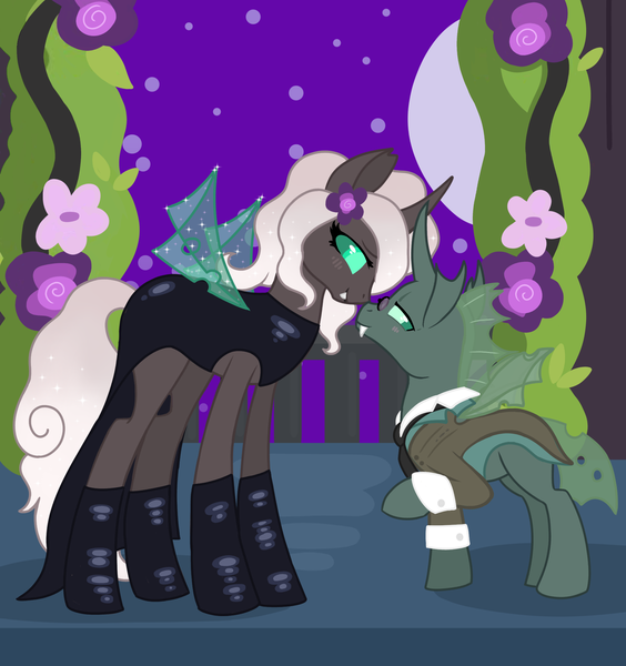 Size: 1959x2083 | Tagged: safe, artist:wildrose_, derpibooru import, oc, oc:kitu elder, oc:yuni erclias hermeline, unofficial characters only, changeling, changeling queen, equestria at war mod, black lipstick, blushing, boop, clothes, dress, fangs, female, flower, flower in hair, glasses, gray coat, height difference, horn, image, lipstick, male, marriage, necktie, noseboop, png, suit, teal eyes, trident, wedding, white mane, wings