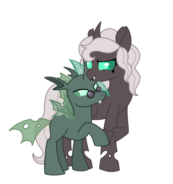 Size: 1959x2083 | Tagged: safe, artist:wildrose_, derpibooru import, oc, oc:yuni erclias hermeline, unofficial characters only, changeling, changeling queen, equestria at war mod, black lipstick, clothes, dress, fangs, female, glasses, gray coat, green coat, green eyes, height difference, holding hooves, horn, image, lipstick, male, necktie, png, simple background, smiling, suit, teal eyes, transparent background, white mane, wings