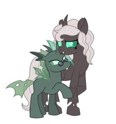 Size: 1959x2083 | Tagged: safe, artist:wildrose_, derpibooru import, oc, oc:yuni erclias hermeline, unofficial characters only, changeling, changeling queen, equestria at war mod, black lipstick, clothes, dress, fangs, female, glasses, gray coat, green coat, green eyes, height difference, holding hooves, horn, image, lipstick, male, necktie, png, simple background, smiling, suit, teal eyes, transparent background, white mane, wings