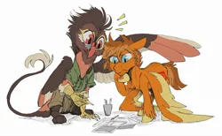 Size: 2048x1265 | Tagged: safe, artist:hallowraith, derpibooru import, oc, oc:carmine garnet, oc:gilligan, unofficial characters only, gryphon, pegasus, blue eyes, brown mane, duo, griffon oc, hoatzin, image, jpeg, orange coat, pegasus oc, ponysona, red eyes, wings