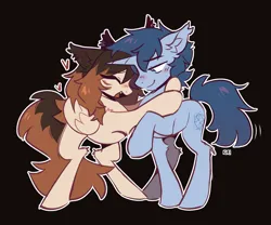 Size: 1500x1250 | Tagged: safe, artist:kirionek, derpibooru import, oc, oc:kiri, oc:tesseract, pegasus, pony, unicorn, blushing, couple, dyed mane, horn, hug, hugging a pony, image, png