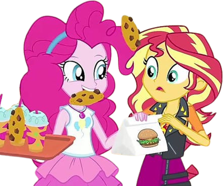 Size: 3011x2520 | Tagged: safe, derpibooru import, edit, edited screencap, editor:mrtoonlover83, screencap, pinkie pie, sunset shimmer, human, equestria girls, g4, background removed, bag, burger, cookie, duo, duo female, female, food, image, not a vector, png