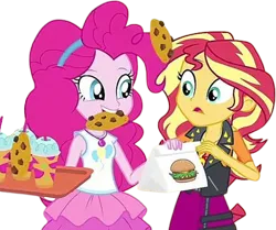 Size: 3011x2520 | Tagged: safe, derpibooru import, edit, edited screencap, editor:mrtoonlover83, screencap, pinkie pie, sunset shimmer, human, equestria girls, g4, background removed, bag, burger, cookie, duo, duo female, female, food, image, not a vector, png