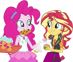 Size: 2987x2520 | Tagged: safe, derpibooru import, edit, edited screencap, editor:mrtoonlover83, screencap, pinkie pie, sunset shimmer, human, equestria girls, g4, background removed, bag, burger, cookie, duo, duo female, female, food, image, not a vector, png