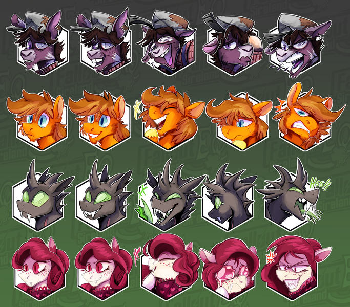 Size: 3000x2636 | Tagged: safe, artist:hallowraith, derpibooru import, oc, oc:anomaly, oc:carmine garnet, oc:peeled prune, oc:royal anne, changeling, earth pony, pegasus, undead, vampire, vampony, fallout equestria, changeling oc, earth pony oc, facial expressions, fallout equestria oc, ghoul oc, image, multiple characters, pegasus oc, png, vampony oc, wings