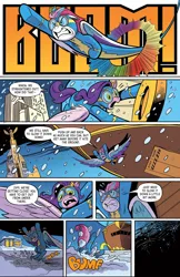 Size: 1170x1801 | Tagged: safe, artist:andy price, derpibooru import, idw, pipp petals, zipp storm, pegasus, pony, g5, spoiler:comic, spoiler:g5, spoiler:g5comic, airship, clothes, crash, crash landing, dialogue, duo, emanata, female, flying, goggles, gritted teeth, image, jpeg, mare, my little pony: the storm of zephyr heights, official comic, onomatopoeia, royal sisters (g5), siblings, sisters, snow, snowfall, sonic rainboom, speech bubble, spread wings, teeth, the storm of zephyr heights #3, uniform, wings, wonderbolts uniform, zephyr heights, zeppelin