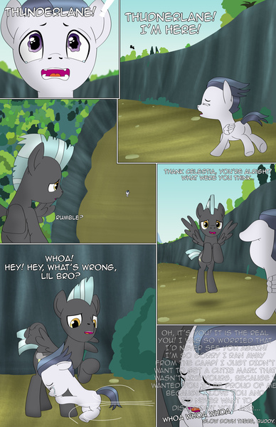 Size: 1989x3072 | Tagged: safe, artist:anonymousandrei, derpibooru import, rumble, thunderlane, pegasus, pony, comic:rumble and the tree of harmony, g4, brothers, colt, comic, crying, derpibooru exclusive, duo, duo male, everfree forest, flying, foal, hug, image, jpeg, male, misspelling, outdoors, ravine, siblings, stallion, talking