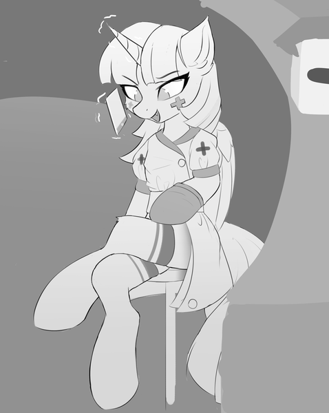 Size: 2480x3113 | Tagged: safe, artist:neverend, derpibooru import, twilight sparkle, clothes, dark deception, image, monochrome, nurse, png, socks, stockings, thigh highs