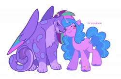 Size: 2048x1334 | Tagged: safe, artist:iksiudodi, derpibooru import, izzy moonbow, big cat, leopard, pony, snow leopard, unicorn, g5, allura, aq bars, blushing, bracelet, duo, duo female, eyes closed, female, folded wings, friendship bracelet, horn, image, jewelry, jpeg, mare, nuzzling, signature, simple background, smiling, tail, unshorn fetlocks, white background, wings