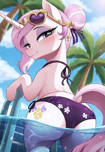 Size: 2544x3704 | Tagged: suggestive, ai content, derpibooru import, machine learning generated, prompter:local sugar provider, fleur-de-lis, pony, unicorn, g4, bedroom eyes, bikini, blue sky, bun, clothes, female, female focus, horn, image, interactive, jewelry, lace, ladder, link in description, looking at you, looking back, low angle, outdoors, palm tree, png, poolside, rear view, seductive, sexy, smiling, smirk, solo, solo focus, story in the source, sunglasses, sunglasses on head, swimming pool, swimsuit, tree, vacation, water, wet