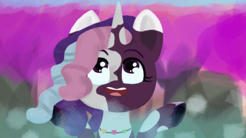 Size: 2048x1152 | Tagged: safe, artist:cloud artist, derpibooru import, violette rainbow, pony, unicorn, g5, my little pony: tell your tale, dreadlocks, female, filly, foal, horn, image, jpeg, looking up, raised hoof, raised hooves, scene interpretation, swirlpool starlight, unshorn fetlocks, vitiligo