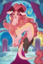 Size: 1200x1800 | Tagged: safe, artist:sammikinns, derpibooru import, oc, oc:euphony, unofficial characters only, draconequus, hybrid, canterlot castle, draconequus oc, eye clipping through hair, female, horns, image, interspecies offspring, offspring, parent:discord, parent:princess celestia, parents:dislestia, png, solo, throne room