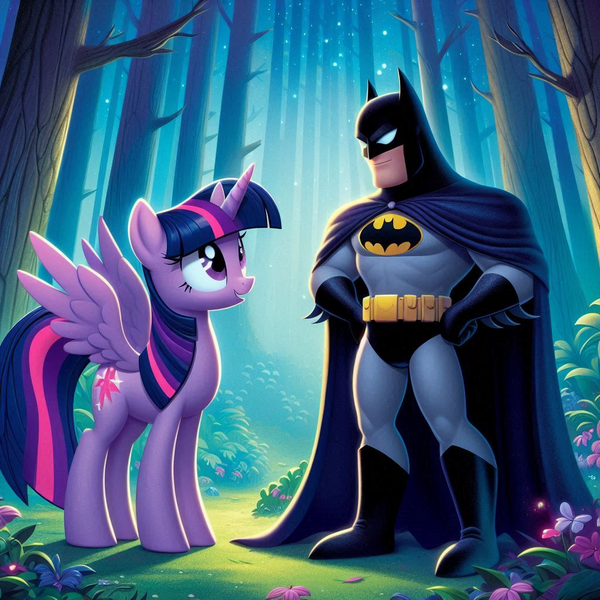 Size: 1024x1024 | Tagged: safe, ai content, derpibooru import, machine learning generated, prompter:bluey2309, twilight sparkle, twilight sparkle (alicorn), alicorn, human, batman, dc comics, female, forest, image, male, nature, png, superhero, tree