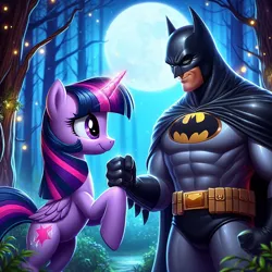 Size: 1024x1024 | Tagged: safe, ai content, derpibooru import, machine learning generated, prompter:bluey2309, twilight sparkle, twilight sparkle (alicorn), alicorn, human, g4, batman, dc comics, female, forest, image, male, moon, nature, nnight, png, superhero, tree