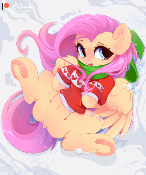 Size: 5000x6000 | Tagged: safe, artist:xsatanielx, derpibooru import, fluttershy, pegasus, pony, g4, absurd resolution, clothes, cute, female, frog (hoof), horseshoes, image, lying down, mare, on back, overhead view, png, pubic fluff, scarf, shyabetes, snow, solo, spread legs, spreading, sweater, underhoof, winter