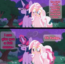 Size: 2000x1960 | Tagged: suggestive, artist:ladylullabystar, derpibooru import, twilight sparkle, oc, oc:lady lullaby star, alicorn, unicorn, butt expansion, canon x oc, comic, dialogue, embarrassed, female, glasses, growth, growth spell, horn, image, joke, lesbian, pink hair, png, sassy