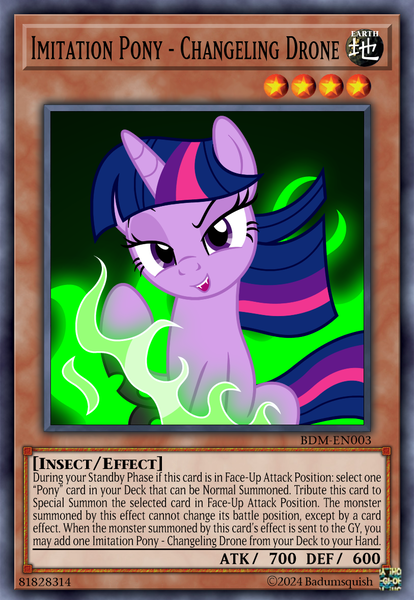 Size: 813x1177 | Tagged: safe, artist:badumsquish, derpibooru import, twilight sparkle, changeling, pony, unicorn, g4, card, card game, ccg, derpibooru exclusive, disguise, disguised changeling, dreamworks face, effect monster card, evil grin, fangs, female, fire, green fire, grin, horn, image, looking at you, mare, monster card, open mouth, open smile, png, raised hoof, shapeshifting, show accurate, sitting, smiling, solo, tail, trading card, transformation, unicorn twilight, wind, windswept mane, windswept tail, yu-gi-oh!, yugioh card