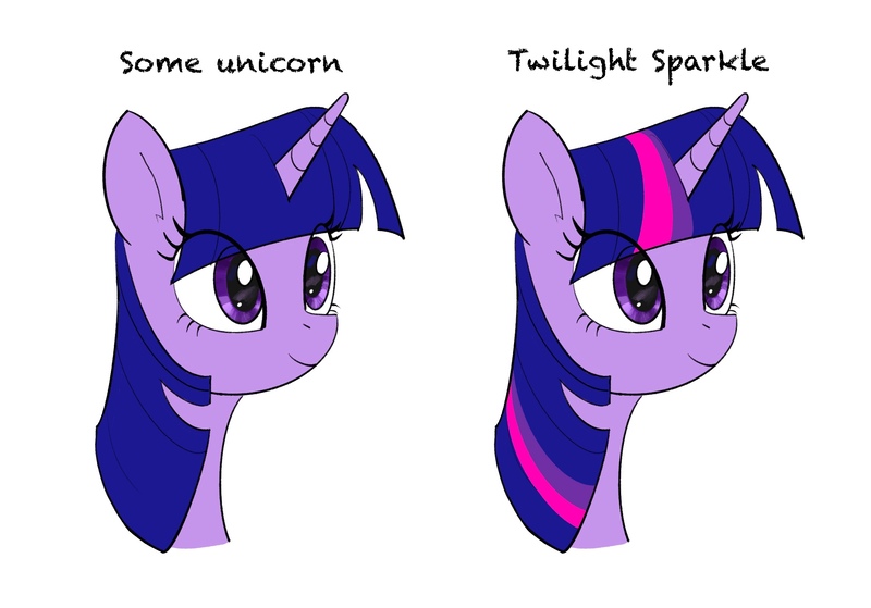 Size: 2388x1668 | Tagged: safe, artist:arkhat, derpibooru import, twilight sparkle, pony, unicorn, g4, bust, colored sketch, comparison, eye clipping through hair, female, image, jpeg, mare, parody, portrait, reference in the description, show accurate, sketch, smiling, striped mane, text, unicorn twilight