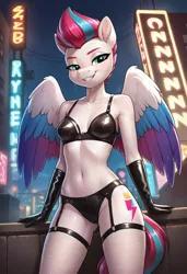 Size: 832x1216 | Tagged: suggestive, ai content, derpibooru import, machine learning generated, prompter:raptorcleave, zipp storm, anthro, pegasus, pony, g5, blue eyes, colored wings, female, image, jpeg, looking at you, mare, smiling, smiling at you, tail, two toned mane, two toned tail, two toned wings, white coat, winged anthro, wings