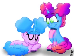 Size: 2160x1620 | Tagged: safe, artist:jesslmc16, derpibooru import, izzy moonbow, pony, unicorn, g5, afro puffs, alternate hairstyle, cute, digital art, duo, duo female, eyes closed, female, freckles, horn, image, izzybetes, lying down, mare, misty brightdawn, mistybetes, png, rebirth misty, signature, simple background, sitting, sleeping, smiling, white background