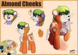 Size: 4960x3508 | Tagged: safe, artist:morrigun, derpibooru import, oc, oc:almond cheeks, unofficial characters only, pony, adoptable, bucktooth, closed mouth, description is relevant, eyes closed, eyes open, green mane, hamster ears, hamster pony, image, laughing, looking at you, nuts, one eye closed, open mouth, orange coat, palette, png, reference sheet, sad, signature, standing, text, tongue out, watermark, wink, winking at you, wiskers