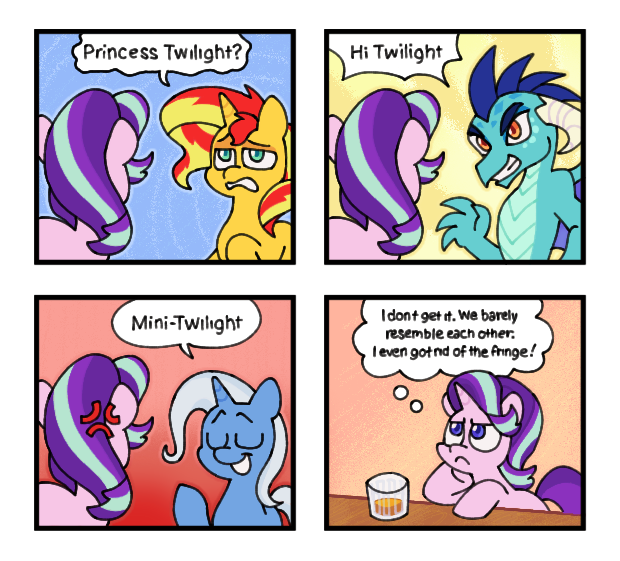 Size: 620x561 | Tagged: safe, artist:driftwoodpony, derpibooru import, princess ember, starlight glimmer, sunset shimmer, trixie, dragon, pony, unicorn, g4, comic, cross-popping veins, dialogue, dragoness, drink, emanata, female, glass, horn, image, implied twilight sparkle, mare, png, speech bubble, thought bubble