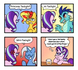 Size: 620x561 | Tagged: safe, artist:driftwoodpony, derpibooru import, princess ember, starlight glimmer, sunset shimmer, trixie, dragon, pony, unicorn, g4, comic, cross-popping veins, dialogue, dragoness, drink, emanata, female, glass, horn, image, implied twilight sparkle, mare, png, speech bubble, thought bubble