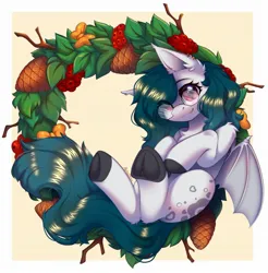 Size: 2013x2048 | Tagged: safe, artist:alphadesu, derpibooru import, oc, unofficial characters only, bat pony, pony, bat pony oc, bat wings, border, bow, christmas, christmas wreath, commission, cranberry, female, frog (hoof), glasses, holiday, image, jpeg, looking at you, mare, pinecone, round glasses, smiling, smiling at you, solo, underhoof, wings, wreath, ych example, your character here