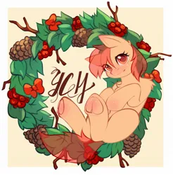 Size: 2013x2048 | Tagged: safe, artist:alphadesu, derpibooru import, oc, unofficial characters only, earth pony, pony, blushing, border, bow, christmas, christmas wreath, commission, cranberry, ear blush, female, frog (hoof), holiday, hoof blush, image, jpeg, looking at you, lying down, mare, on back, pinecone, simple background, smiling, smiling at you, underhoof, wreath, yellow background, your character here