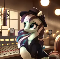 Size: 1829x1800 | Tagged: safe, artist:darksly, derpibooru import, coloratura, earth pony, pony, equestria at war mod, g4, commission, female, hat, image, jewelry, jpeg, mare, microphone, necklace, pearl necklace, rara, solo