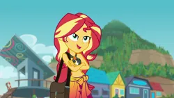 Size: 1920x1080 | Tagged: safe, derpibooru import, screencap, sunset shimmer, human, equestria girls, g4, bag, beach, belly, belly button, bikini, clothes, crossed arms, equestria girls specials, female, geode of empathy, handbag, image, magical geodes, midriff, my little pony equestria girls: forgotten friendship, png, sarong, solo, sunset shimmer's beach shorts swimsuit, swimsuit