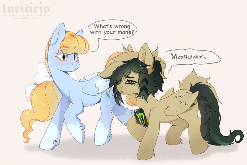 Size: 2310x1540 | Tagged: safe, artist:luciticio, derpibooru import, oc, unofficial characters only, pegasus, pony, dialogue, drink, duo, energy drink, holding, image, messy mane, monster energy, png, speech bubble, walking