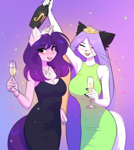 Size: 1320x1483 | Tagged: safe, artist:katputze, derpibooru import, oc, oc:cherubisous, oc:icy (katputze), unofficial characters only, anthro, cat, pony, unicorn, alcohol, big breasts, blushing, breasts, champagne, champagne glass, cleavage, clothes, confetti, dress, duo, duo female, eyebrows, eyebrows visible through hair, eyes closed, female, furry, furry oc, gradient background, horn, huge breasts, image, jewelry, jpeg, mare, necklace, open mouth, open smile, shoulder fluff, smiling, tiara, wine