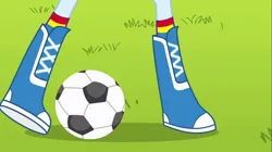 Size: 1100x618 | Tagged: safe, derpibooru import, screencap, rainbow dash, equestria girls, g4, boots, boots shot, clothes, field, football, image, jpeg, kicking, legs, my little pony equestria girls, pictures of legs, rainbow socks, shoes, soccer field, socks, sports, striped socks