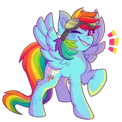 Size: 3000x3000 | Tagged: safe, artist:fawnshy, derpibooru import, rainbow dash, pegasus, pony, g4, female, fluffy, goggles, goggles on head, high res, image, looking at you, mare, one eye closed, png, raised hoof, simple background, smiling, smiling at you, solo, spread wings, white background, wings, wink, winking at you