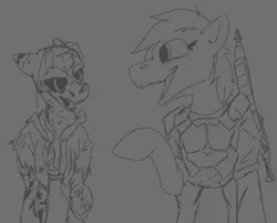 Size: 842x678 | Tagged: semi-grimdark, artist:kangatooth, derpibooru import, oc, unofficial characters only, earth pony, ghoul, pony, undead, fallout equestria, armor, clothes, dark sclera, exposed bone, female, gun, image, laser rifle, looking at each other, looking at someone, mare, monochrome, open mouth, png, raised hoof, rifle, talking, torn clothes, weapon