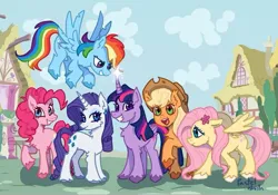 Size: 719x503 | Tagged: safe, artist:pastelishish, derpibooru import, applejack, fluttershy, pinkie pie, rainbow dash, rarity, twilight sparkle, twilight sparkle (alicorn), alicorn, earth pony, pegasus, pony, unicorn, applejack's hat, cheek fluff, chest fluff, cowboy hat, ear fluff, ear tufts, flower, flower in hair, flying, friends, hat, hock fluff, horn, image, jpeg, leg fluff, mane six, mane six opening poses, partially open wings, ponyville, scene interpretation, smiling, unshorn fetlocks, wings