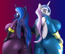 Size: 1800x1500 | Tagged: suggestive, artist:argos90, derpibooru import, princess celestia, princess luna, alicorn, anthro, 3d, 3d model, big breasts, breasts, busty princess celestia, busty princess luna, butt, clothes, costume, female, huge breasts, image, looking at each other, looking at someone, looking back, moonbutt, png, royal sisters, shadowbolts costume, siblings, sideboob, sisters, skintight clothes, sunbutt, uniform, wonderbolts uniform