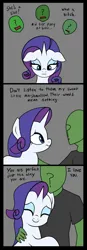 Size: 699x2000 | Tagged: safe, artist:vomitvomiting, derpibooru import, rarity, oc, oc:anon, human, pony, comic, dialogue, english, gray background, hug, image, png, simple background