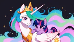 Size: 1920x1088 | Tagged: safe, ai content, derpibooru import, generator:tponynai3, machine learning generated, prompter:truekry, princess celestia, twilight sparkle, alicorn, pony, unicorn, g4, cute, duo, female, filly, filly twilight sparkle, folded wings, horn, image, long horn, momlestia, motherly, png, ponies riding ponies, riding, riding a pony, simple background, smiling, smiling at someone, twilight riding celestia, unicorn twilight, wallpaper, wings, younger