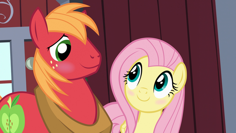 Size: 1920x1080 | Tagged: safe, anonymous artist, derpibooru import, edit, edited screencap, screencap, big macintosh, fluttershy, earth pony, pegasus, pony, brotherhooves social, g4, barn, blushing, character swap, duo, duo male and female, female, fluttermac, image, indoors, looking at each other, looking at someone, male, mare, my little pony, png, shipping, smiling, smiling at each other, stallion, straight