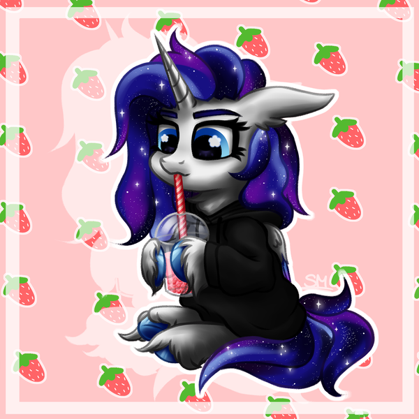 Size: 2000x2000 | Tagged: safe, artist:sunamoonmlp, derpibooru import, oc, oc:sunamoon, unofficial characters only, alicorn, pony, g4, bubble tea, clothes, cute, derpibooru exclusive, drink, drinking, female, food, hoodie, horn, image, mare, png, sitting, stars, strawberry, wings