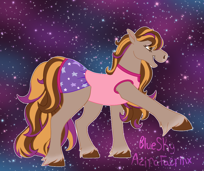 Size: 1363x1144 | Tagged: safe, artist:azira faerinx, derpibooru import, horse, g2, anatomically correct, brown coat, brown mane, canon, clothes, colored hooves, dreamer (wild manes), dress, extended leg, female, galaxy, hooves, image, leg out, multicolored hair, multicolored mane, natural coat color, nudity, png, pose, purple mane, quadrupedal, smiling, solo, solo female, space, vulva, wild manes, wild manes dreamer